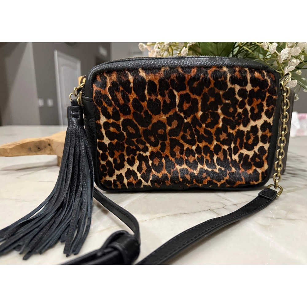 HOBO Black Leather Calf Hair Leopard Print Tassel Crossbody Bag Camera Bag